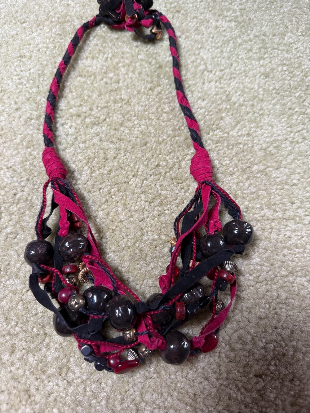 Handcrafted Crambeery and Black Multi-Strand Statement Necklace